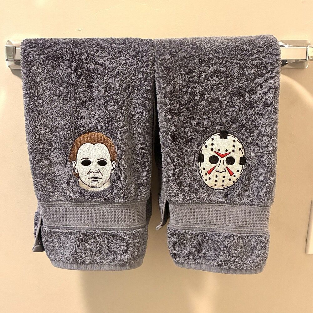 Jason Mask Michael Meyers Set of Hand Towels Embroidered Halloween Decor